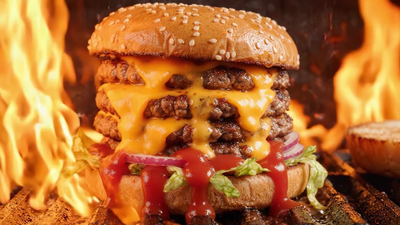 Saftig cheeseburger med flere bøffer, smeltet ost og friske toppings på en forkullet grill med flammer og røget baggrund: En fristende nydelse.