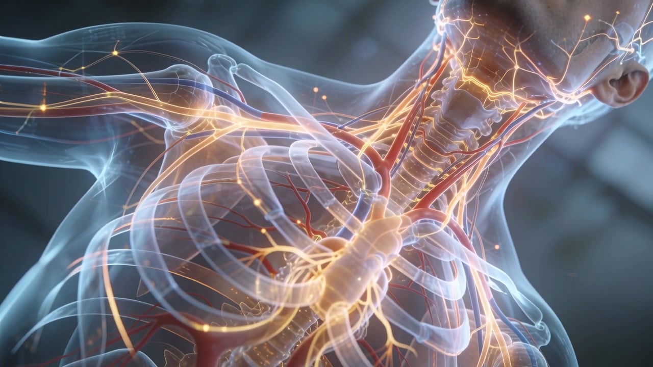 Un torso traslucido che ruota, rivelando una rete neurale pulsante, mentre la telecamera zooma in un laboratorio per uno studio.