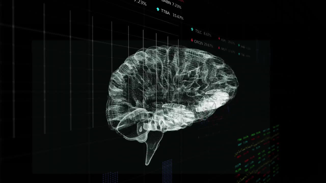 animación del procesamiento de datos financieros sobre el cerebro humano.