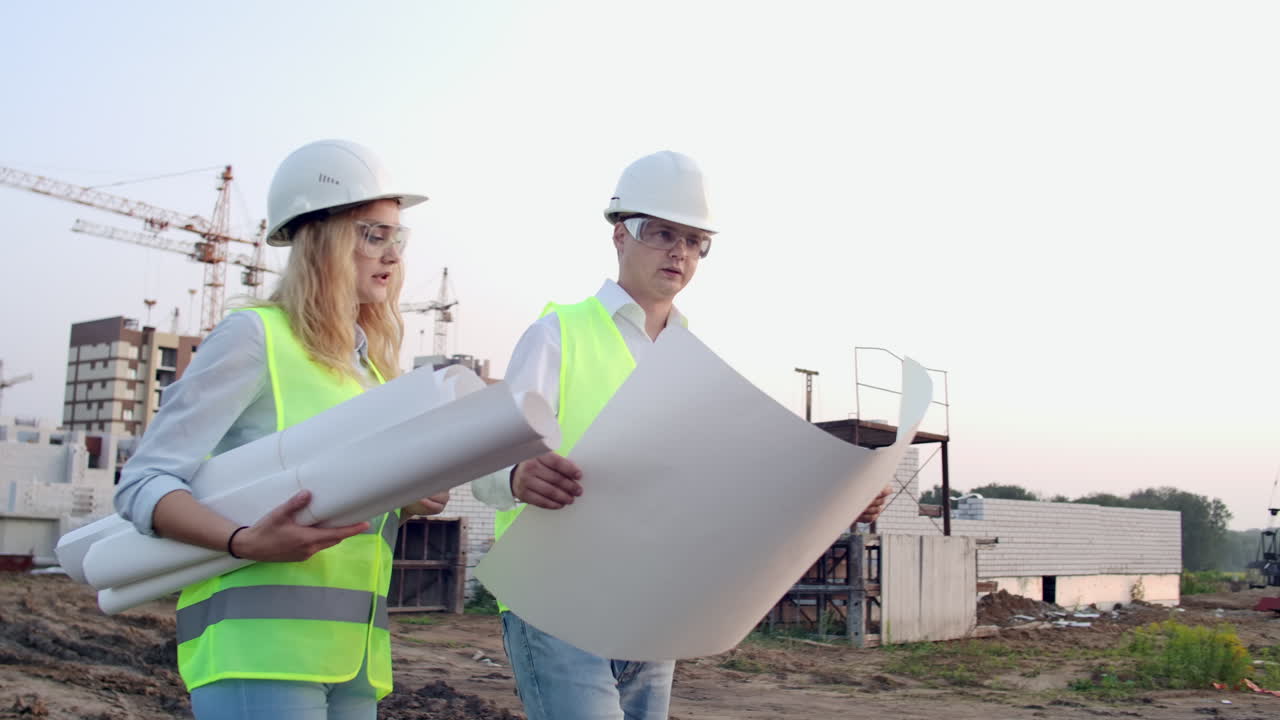 trabajadores con dibujos en el sitio de construcción. dos trabajadores hombre y mujer en harhats protectores trabajando con dibuj os en el sitio de construcción al aire libre.