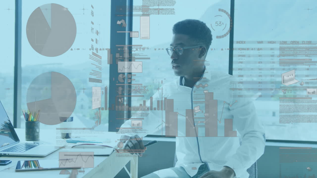 Animation of financial data processing over african american businessman working at office