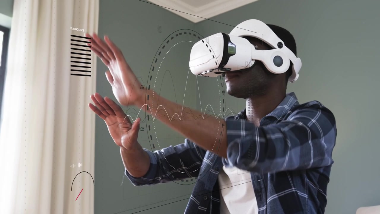 Young Black Man Interacting with Virtual Reality Interface at Home