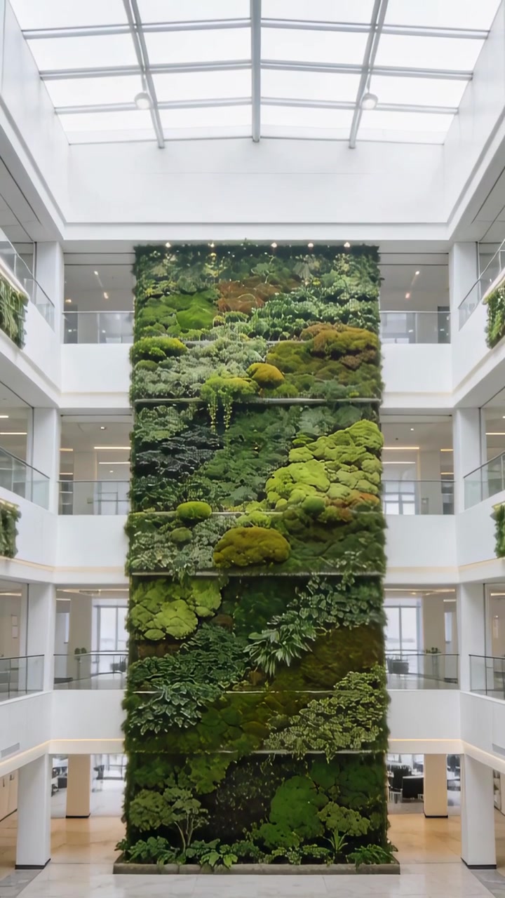 Vídeo vertical: Câmera com zoom se movendo em direção a um jardim vertical alto em um átrio para revelar musgo e uma claraboia