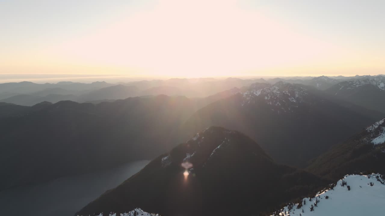 A panning drone shot in the Olympic mountains taken from just outside the national park at sunset