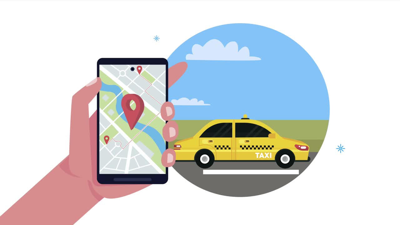 mano con teléfono inteligente y aplicación de servicio de taxi