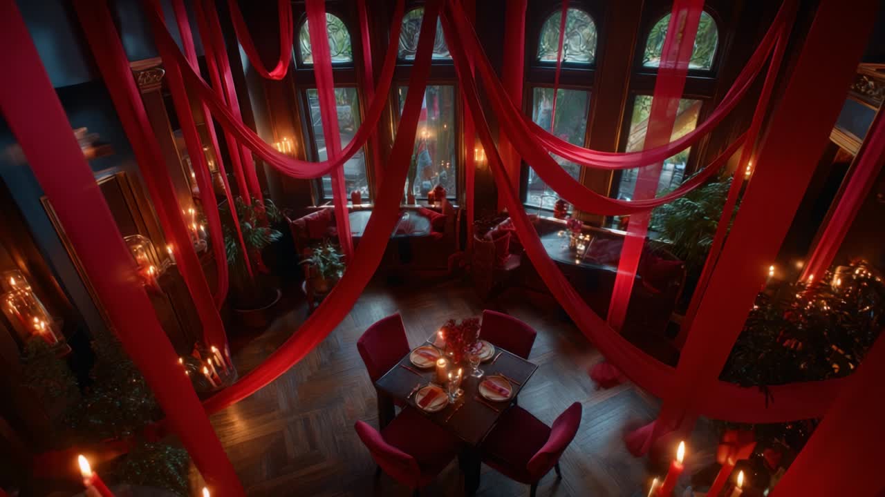 A captivating interior scene adorned with flowing red fabric drapes and softly glowing candles, creating an atmospheric and romantic dining environment, ideal for an intimate gathering or special celebration