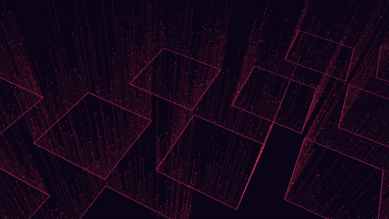 Abstract futuristic of glowing digital blocks forming a dynamic technology grid, with pink particle lines rising in 3D space on a dark background, ideal for data, blockchain and innovation themes