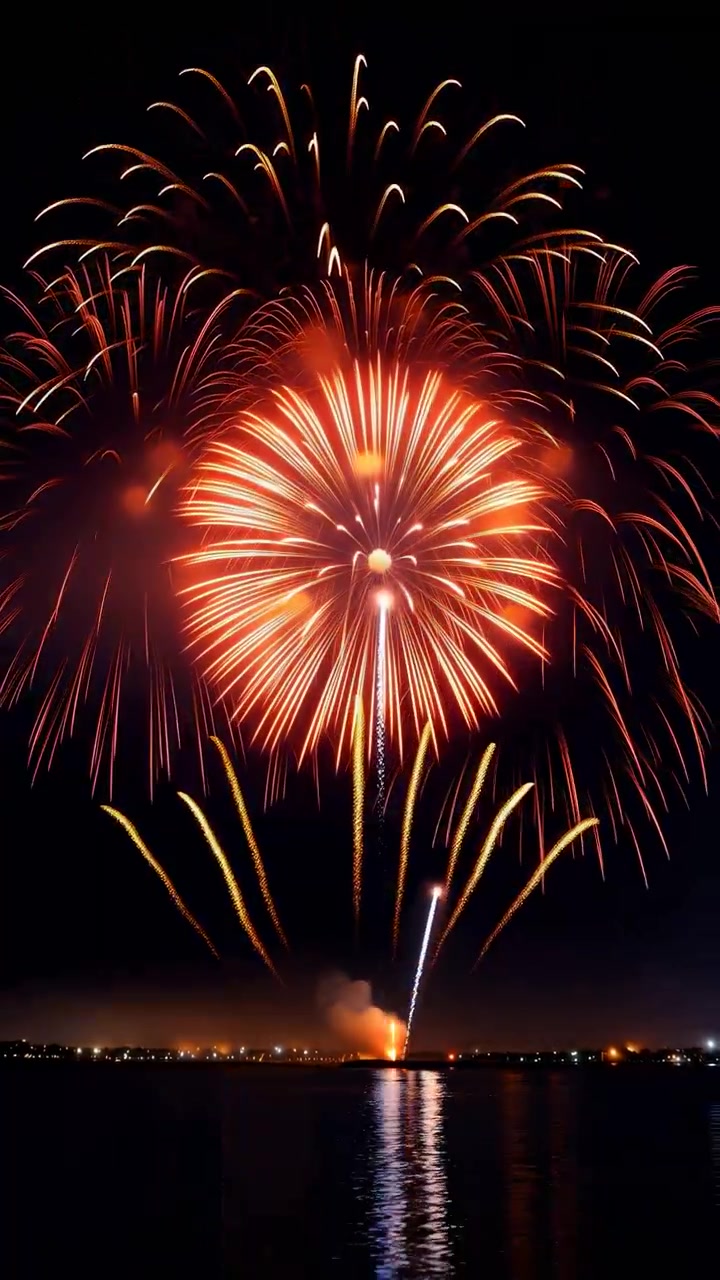 Synchronized nighttime fireworks erupt above calm coastal water, showing multiple large spherical and cascading bursts with radiating spoke-like trails and layered fans