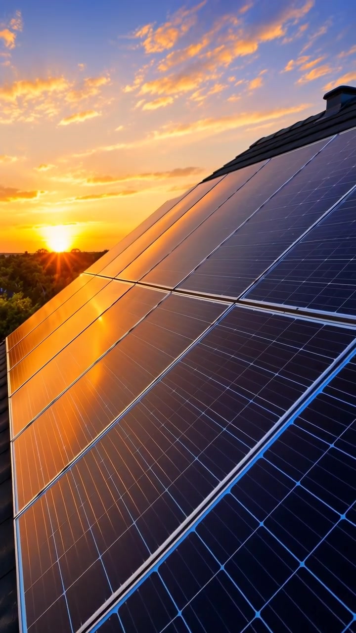 Array diagonale di pannelli solari sul tetto su un tetto di tegole inclinato che riflette la ricca luce dorata del tramonto attraverso le celle di vetro e i binari metallici, creando un forte contrasto, un'atmosfera di energia pulita e una calma serata urbana.