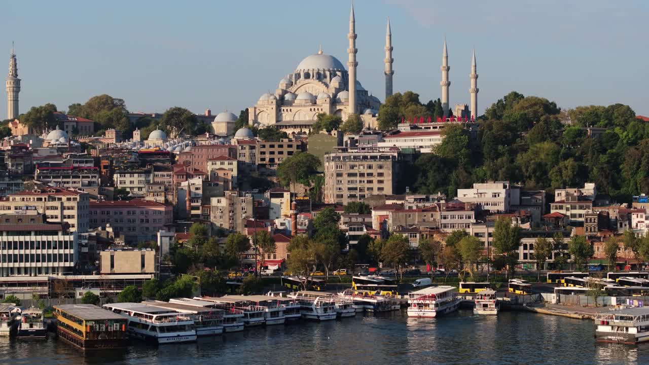 Aerial View Above Eminonu Pier - Ferry Boat Harbour on Beautiful Summer Day
