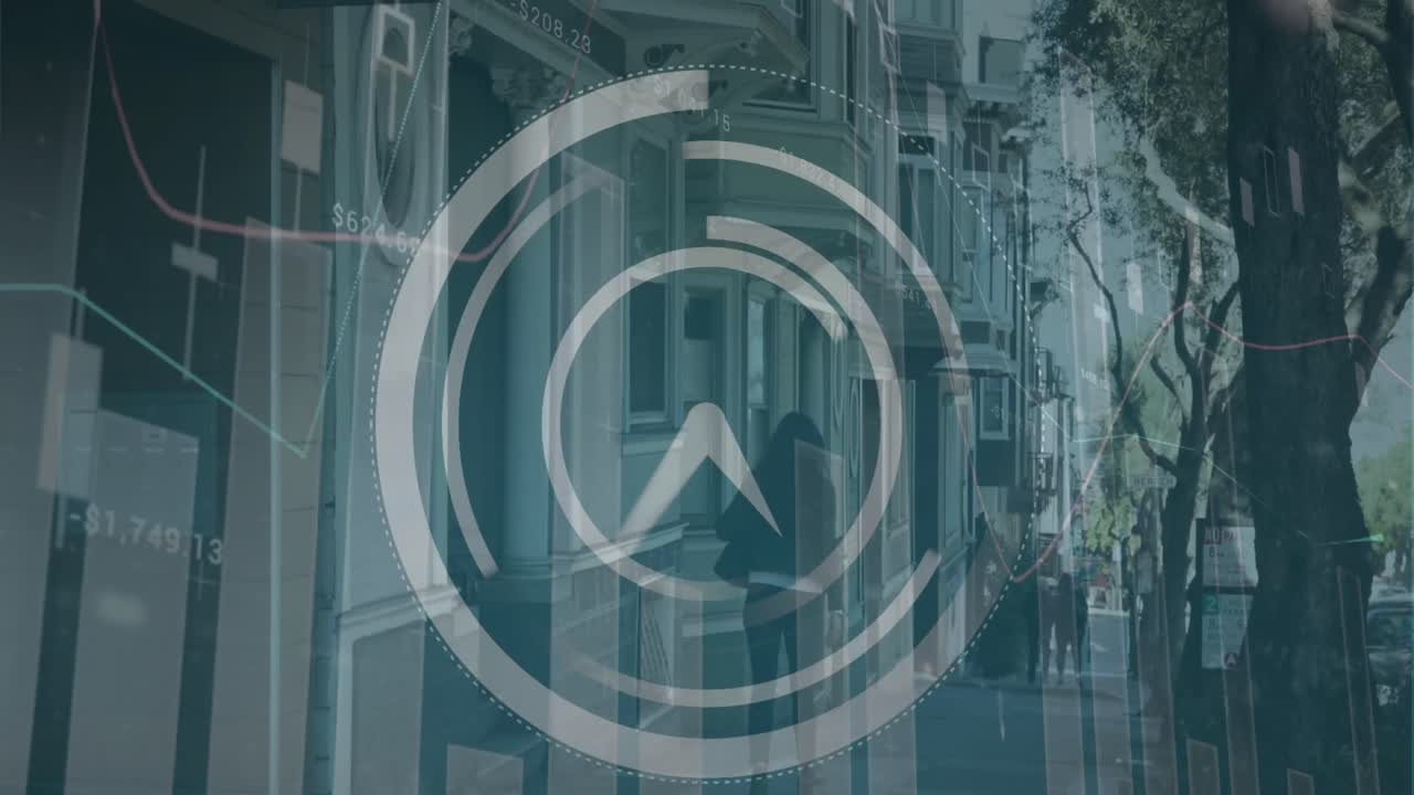 animación del procesamiento de datos financieros con reloj sobre la ciudad