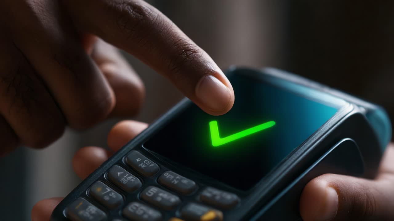Close-Up of a Hand Using a Payment Terminal, Confirming a Successful Transaction with a Green Check Mark on the Screen Indicating Positive Feedback for Payment Processing