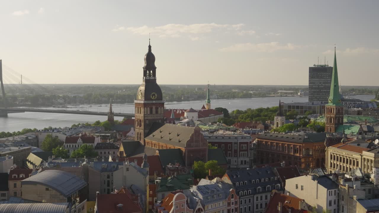 Incredible panorama over Riga, Latvia old town at Sunset with river in distance