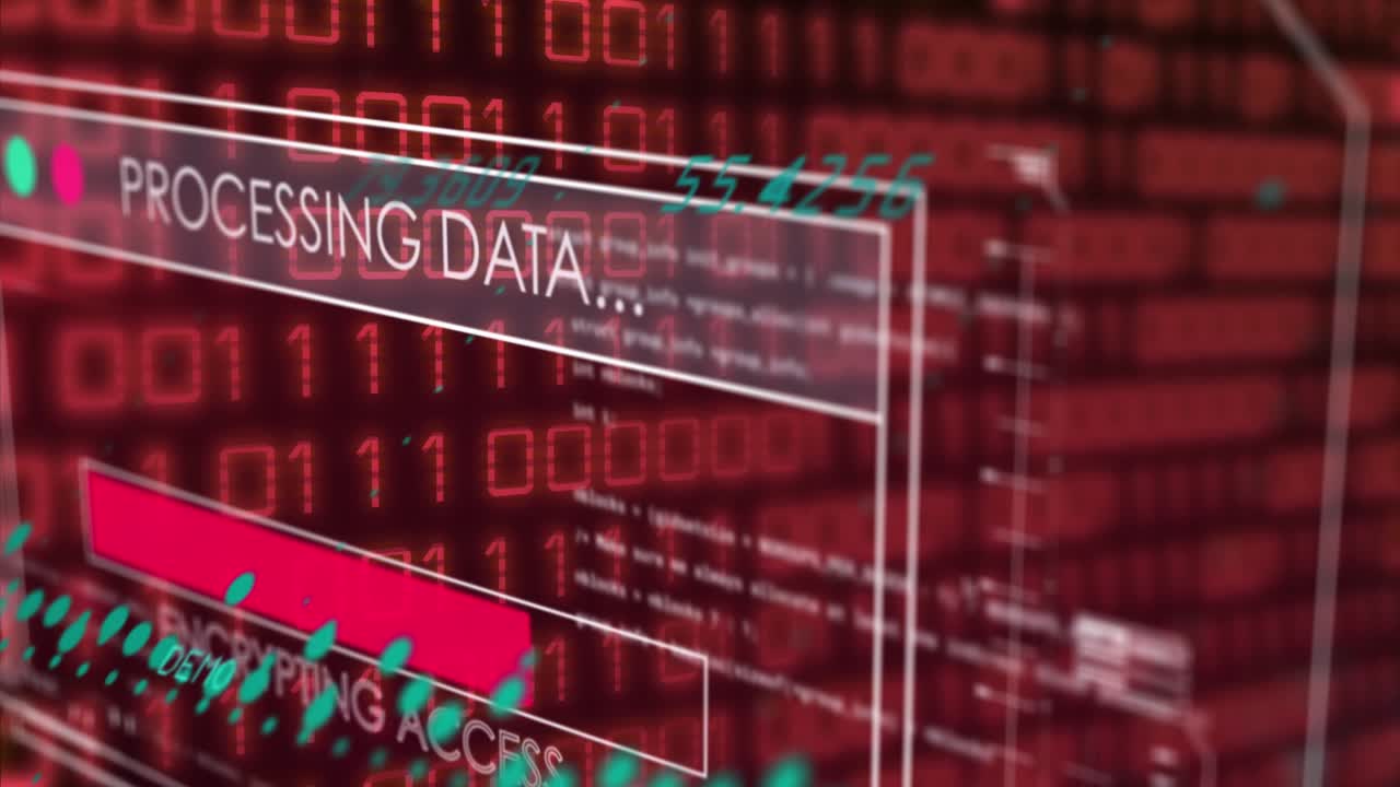 Animation of interface with data processing against binary coding on black background