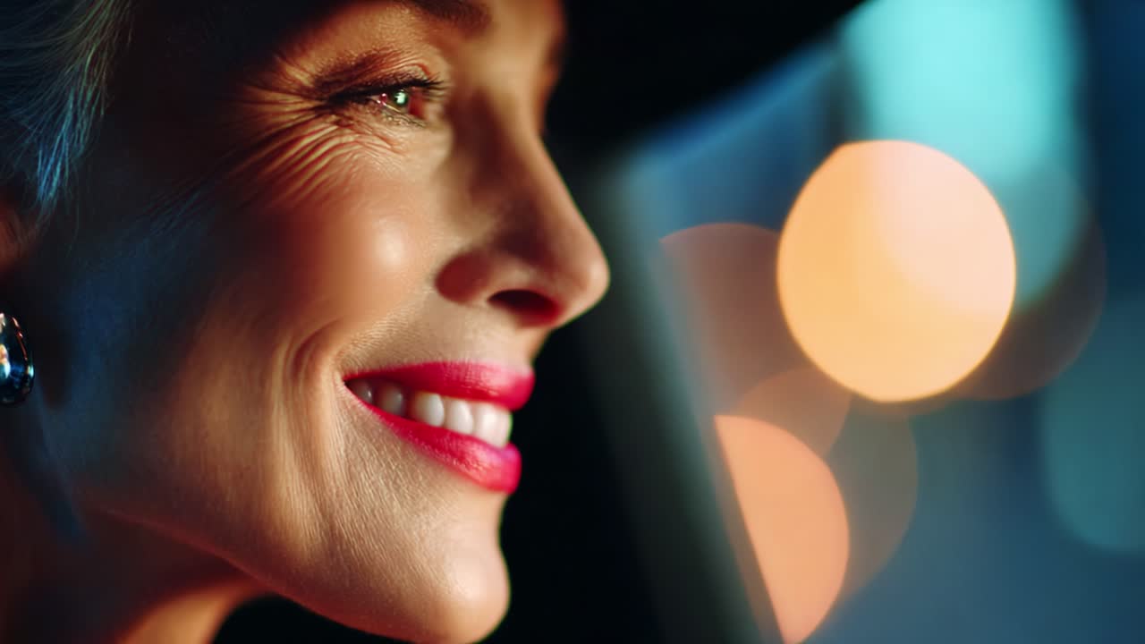 A Close-Up of a Woman's Joyful Smile Illuminated by Soft City Lights, Capturing the Essence of Elegance, Confidence, and Radiance in a Mood that Inspires Warmth and Happiness