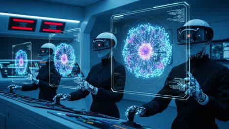 futuristic robots analyzing complex data in high-tech environment with holographic displays and virtual interfaces, capturing quantum physics and advanced technology concepts