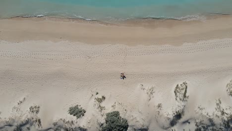 desciende la toma de arriba hacia abajo de una persona que se relaja en una playa de arena frente al océano australiano durante el verano