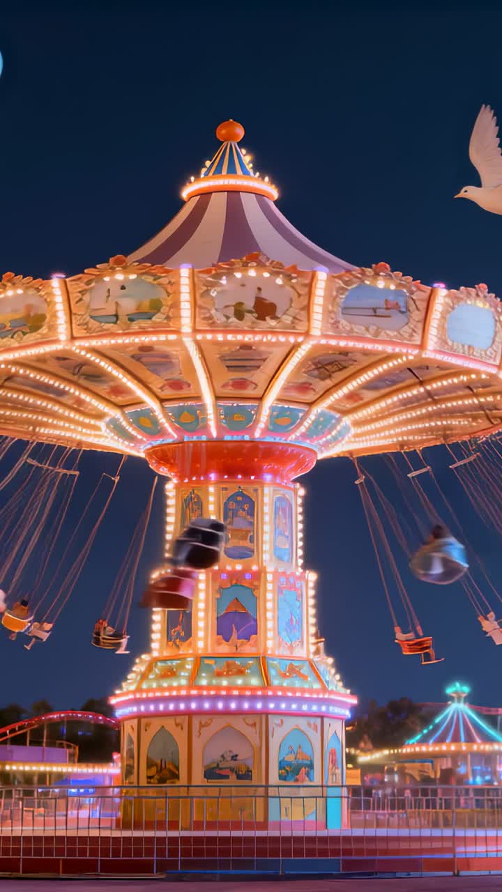 Vertical video: Spinning carousel speeding at park, lifting chairs outward with white bird
