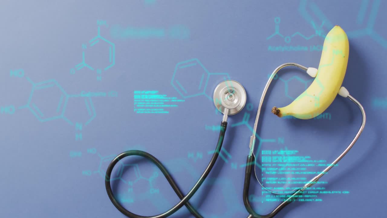 animación del procesamiento de datos sobre el estetoscopio y el plátano
