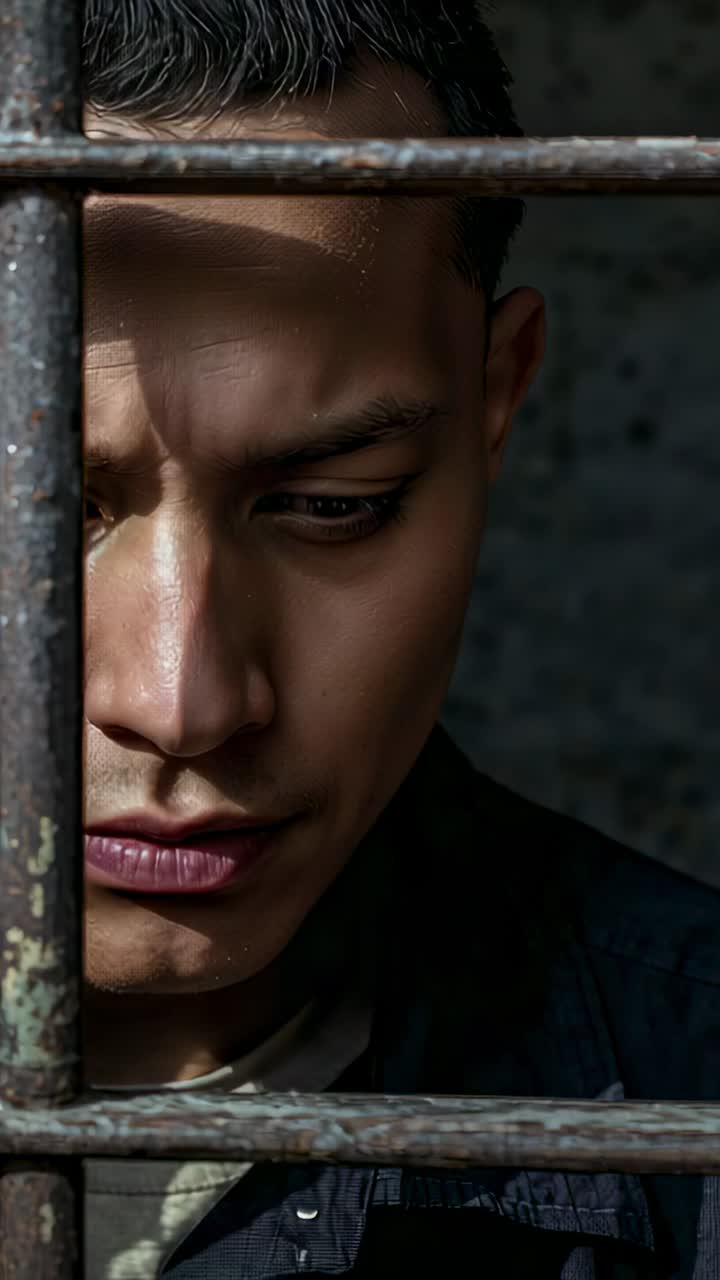 Vertical video: Peering Asian man lifting eyes toward camera behind rusty bars, wearing dark jacket