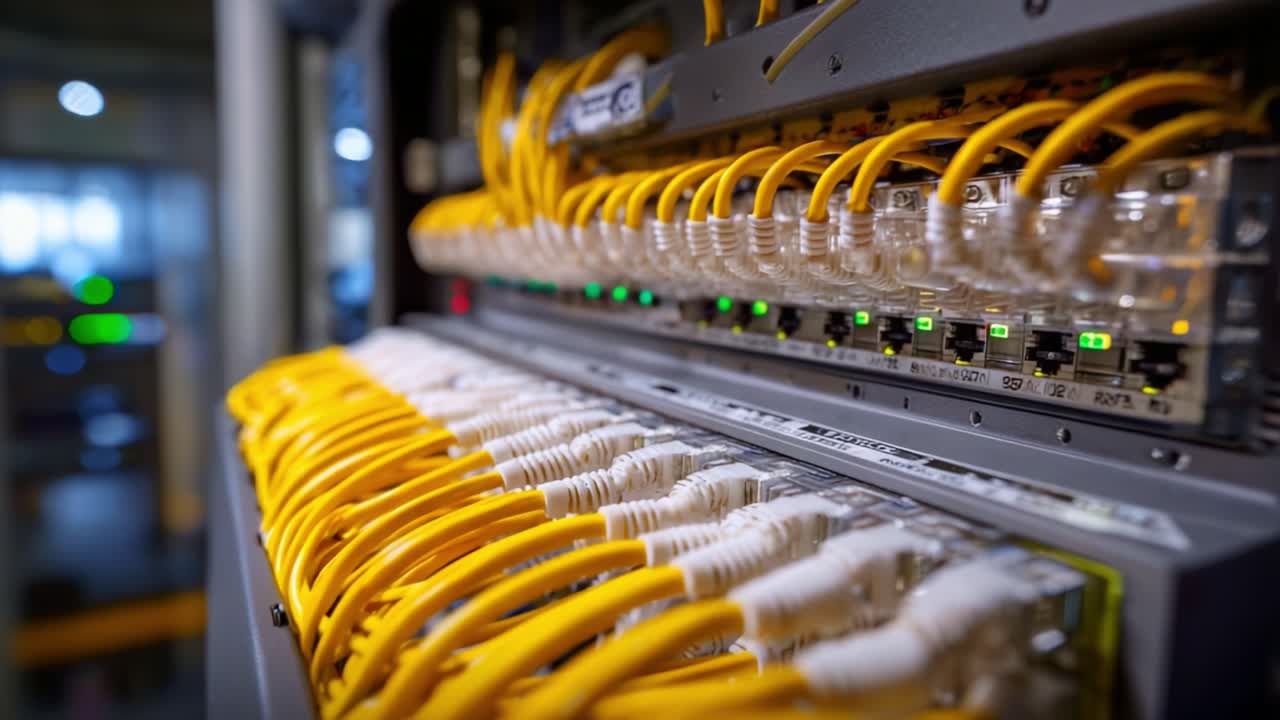 Detailed View of Network Switch with Yellow Ethernet Cables Highlighting Connections and Indicators in a Modern Data Center Environment