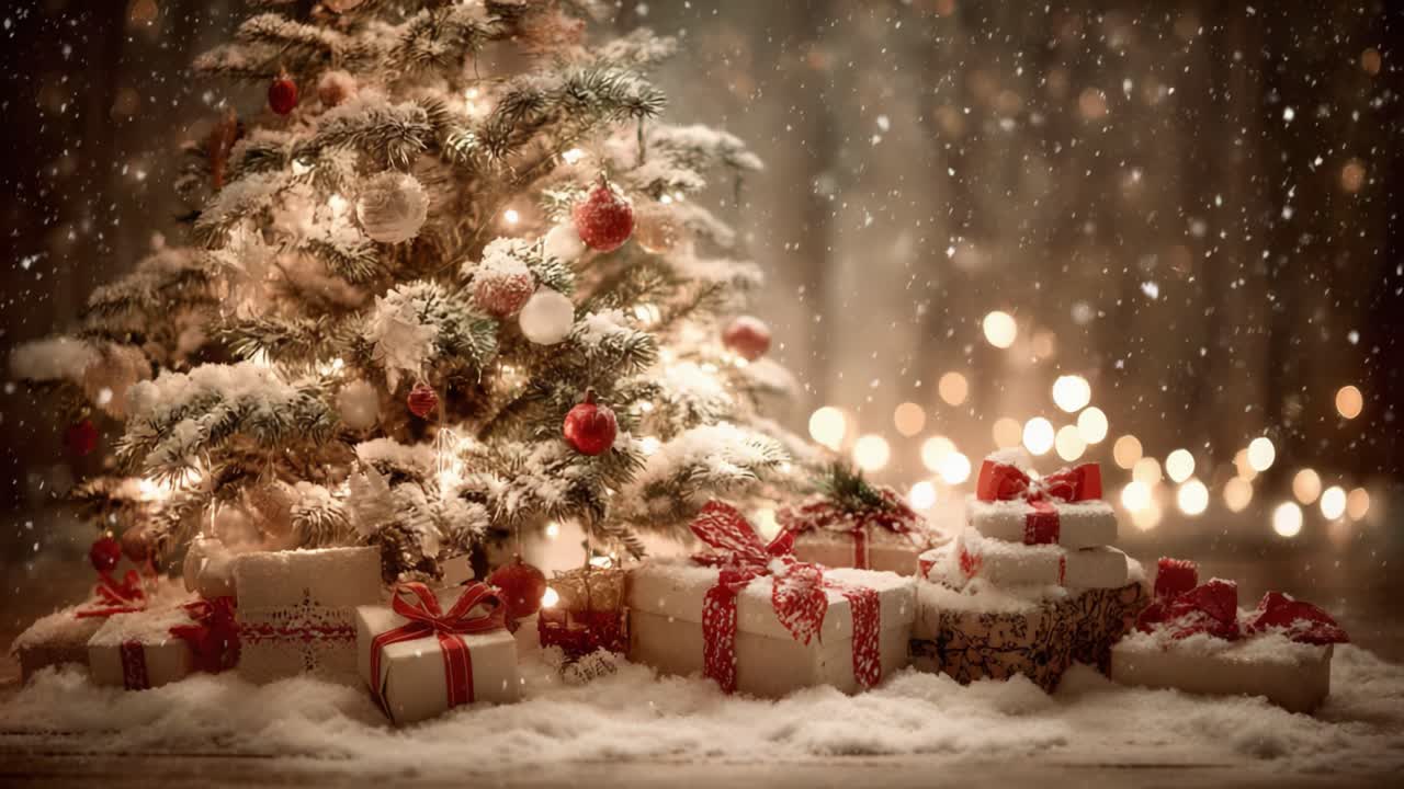 A Beautifully Decorated Christmas Tree Surrounded by Gift Boxes and Gentle Snowfall, Creating a Warm and Festive Holiday Atmosphere for the Season