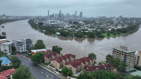 stationary aerial view of flooded brisbane river