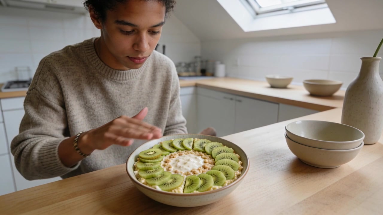 Mentre prende una ciotola di yogurt, una donna con un maglione posiziona fette di kiwi sul bancone della cucina, preparando il pasto