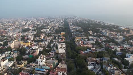 aerial footage taken early in the morning showing the entirety of puducherry, known as pondicherry, one of the oldest french colonies and several historic buildings