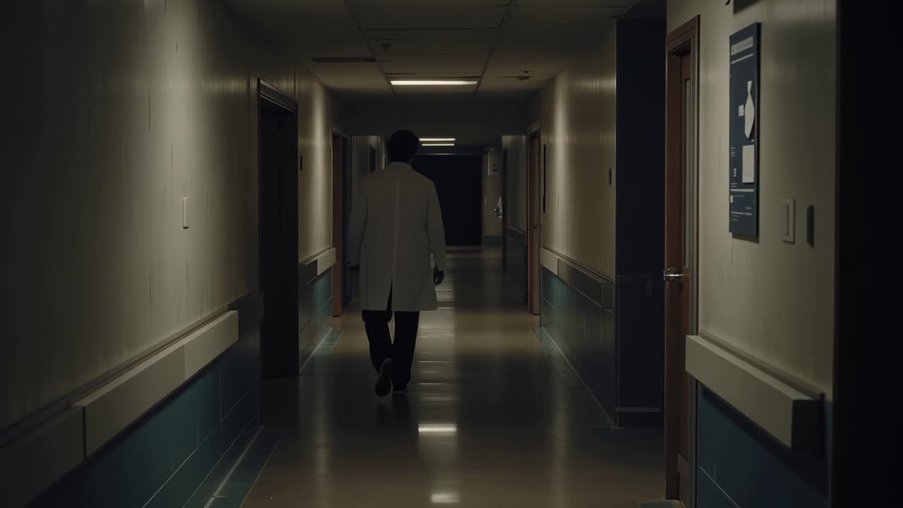 Bilde som starter bak motivet, skridende lege i hvit legefrakk mot gangens mørkere ende, forbi rekkverk.