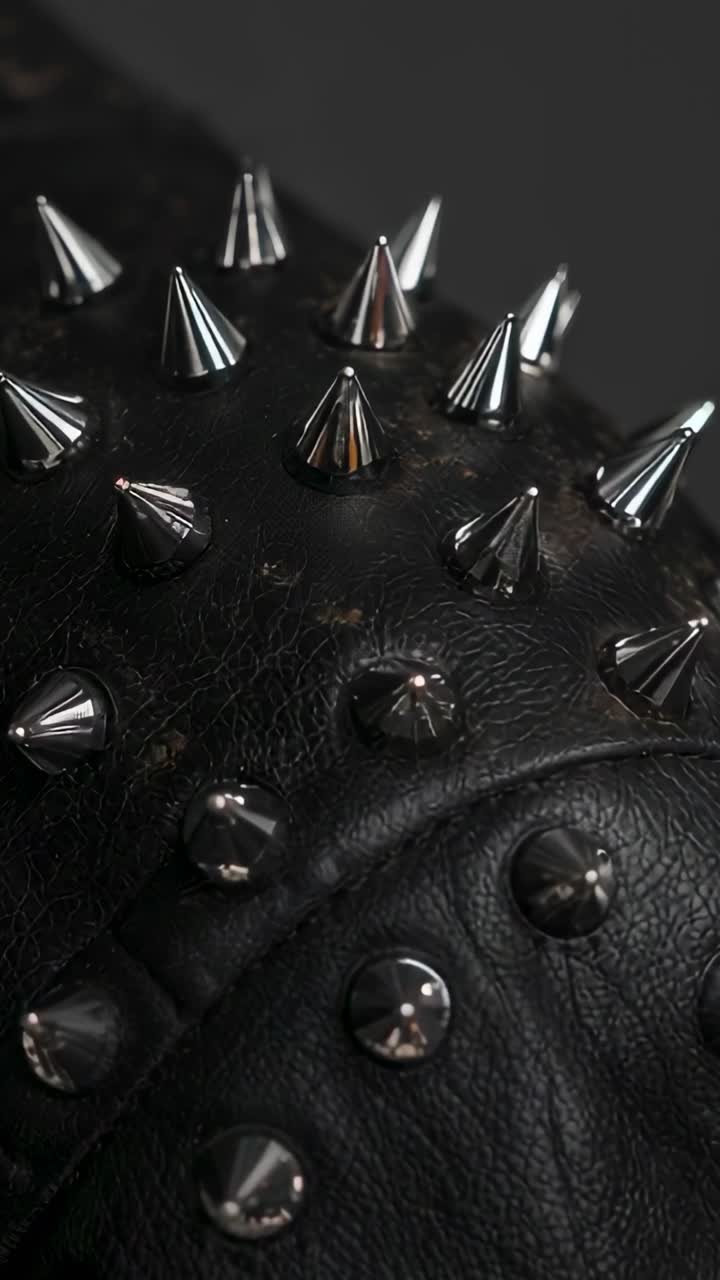 Vídeo vertical: câmera inclinando de close-up mostrando picos de couro preto, costura e brilho em estúdio