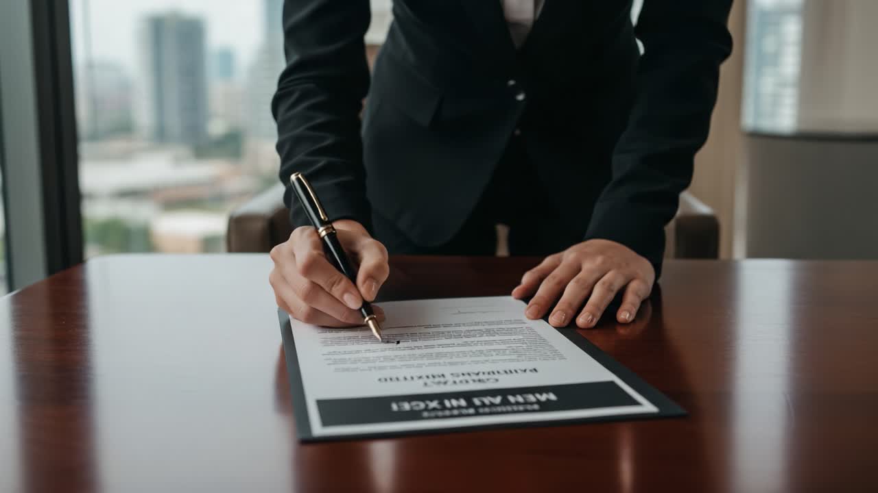 Professional Businessman Signing Important Document in Modern Office Setting, Highlighting Commitment and Responsibility of Agreements with Legal Implications