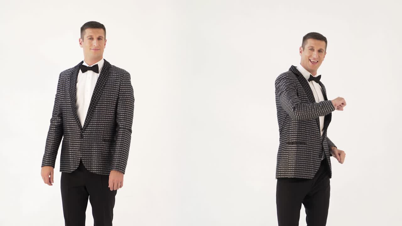 twins in checkered suits with bow ties are showing serious and cheerful people with their manners and movements on a white background in the studio