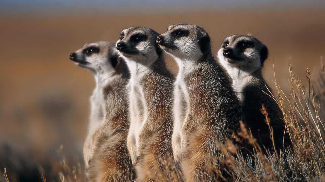 A Group of Meerkats Standing Alertly in Their Natural Habitat, Observing Surroundings with Curiosity and Awareness