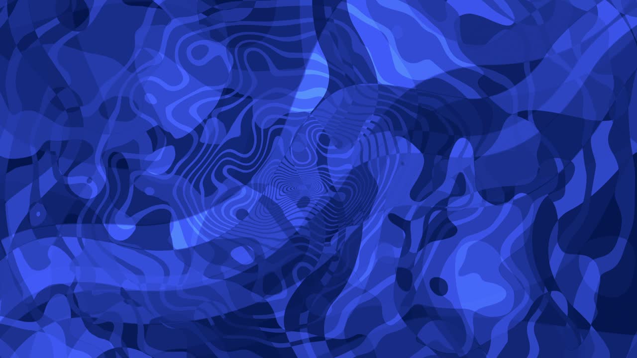 Loopable abstract vibrant blue waves and flowing textures, seamless trippy animation with glowing optical distortion and whirling, turbulent motion