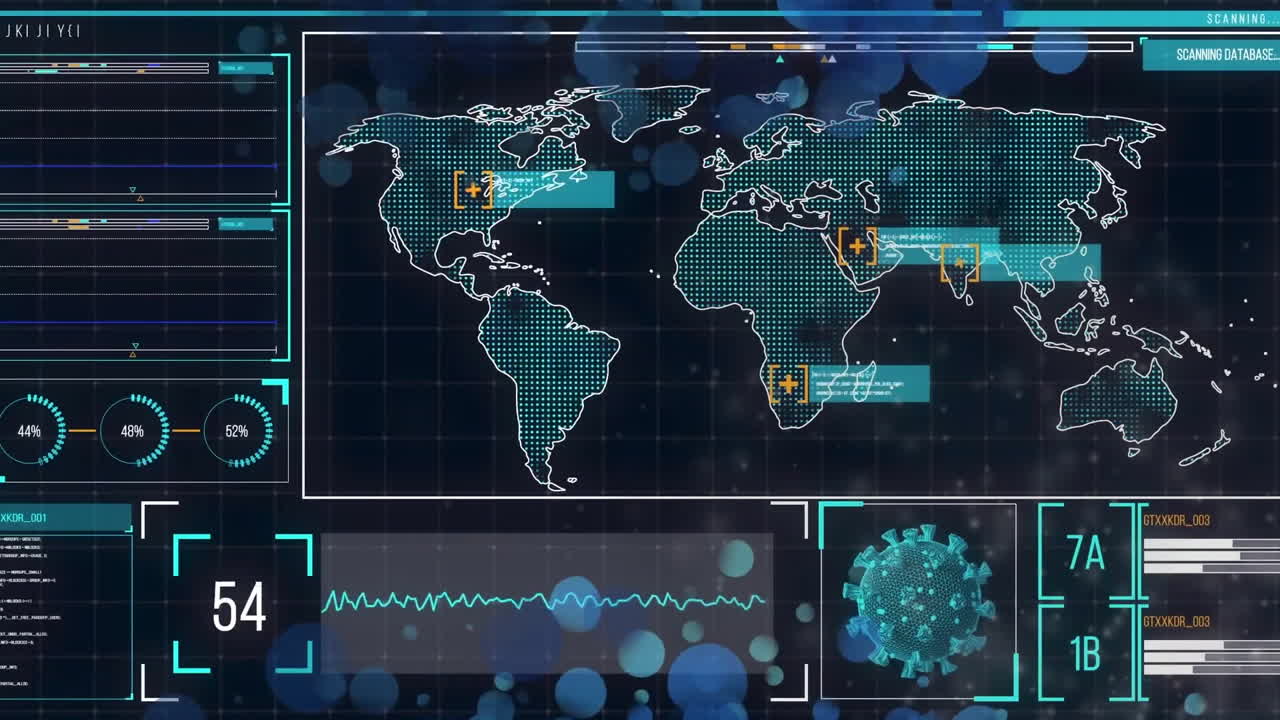 Animation of world map and data processing on black background