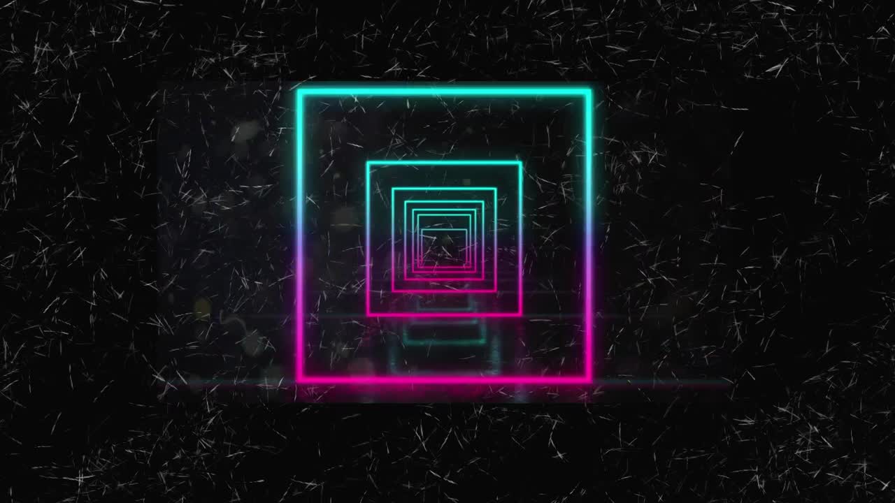 Animation of colourful neon squares on black background