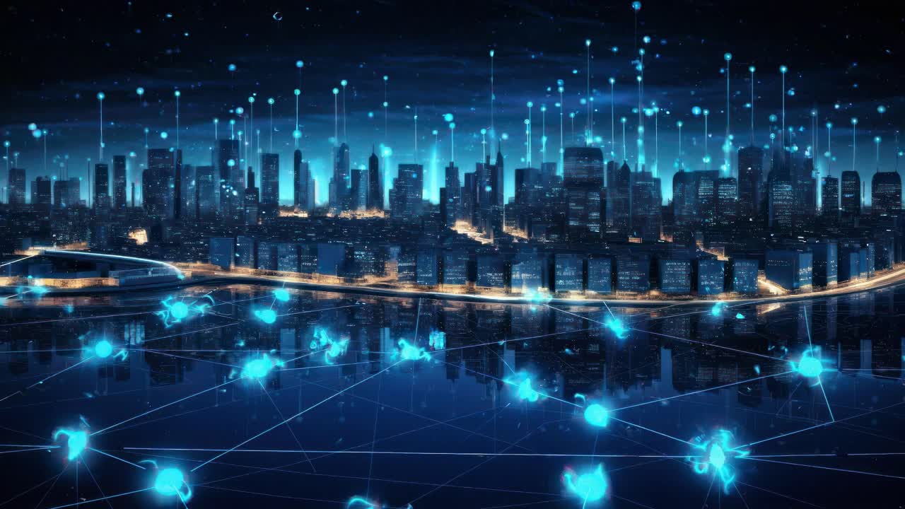 光るデジタルノードが特徴の未来都市の景観を、高所から捉えたアングル。