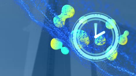 Animation-Von-Blauen-Lichtspuren-über-Uhr,-Klecksen-Und-Bürogebäuden-Auf-Blauem-Hintergrund