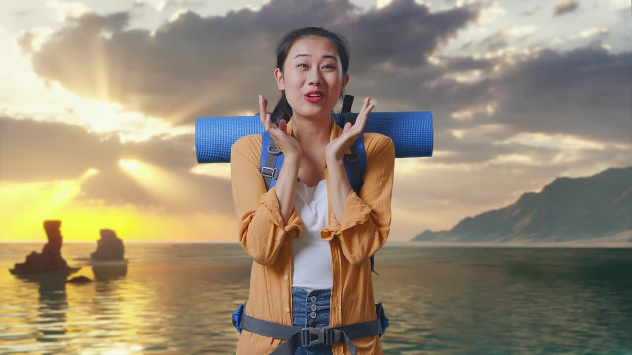 夕焼け時のビーチに立ち、登山用バックパックを背負って「わー」と言っているアジア人女性ハイカー