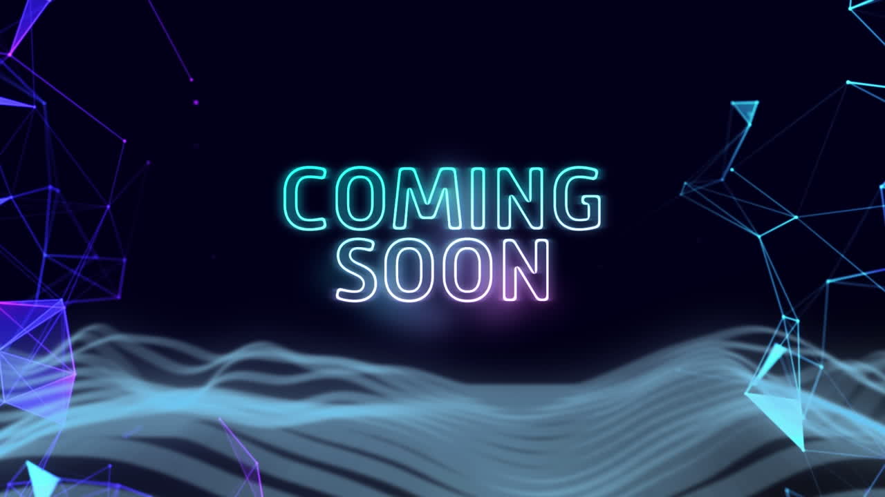 곧 올 애니메이션 네온 텍스트 배경에서 연결과 빛의 흔적 위에 박이는