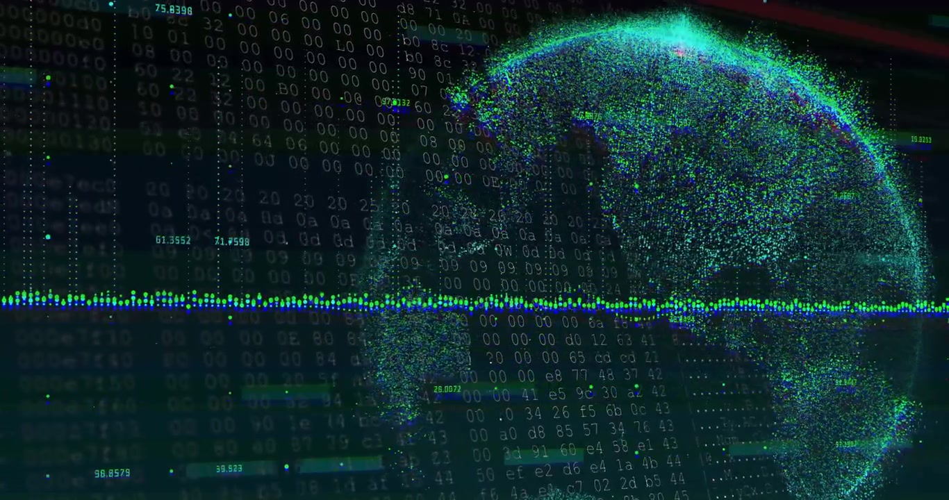 Particle burst forming right-edge globe, arcs tracing waveform, HUD shifting, showing data flow