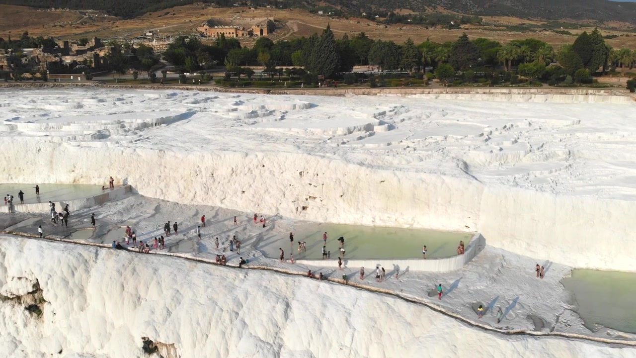 Aerial View of Tourists Visiting Travertine Terraces in Pamukkale