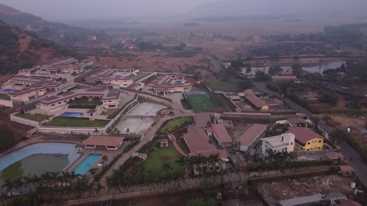 Luxury resort villa with swimming pool and basketball court in Lonavala, Drone shot