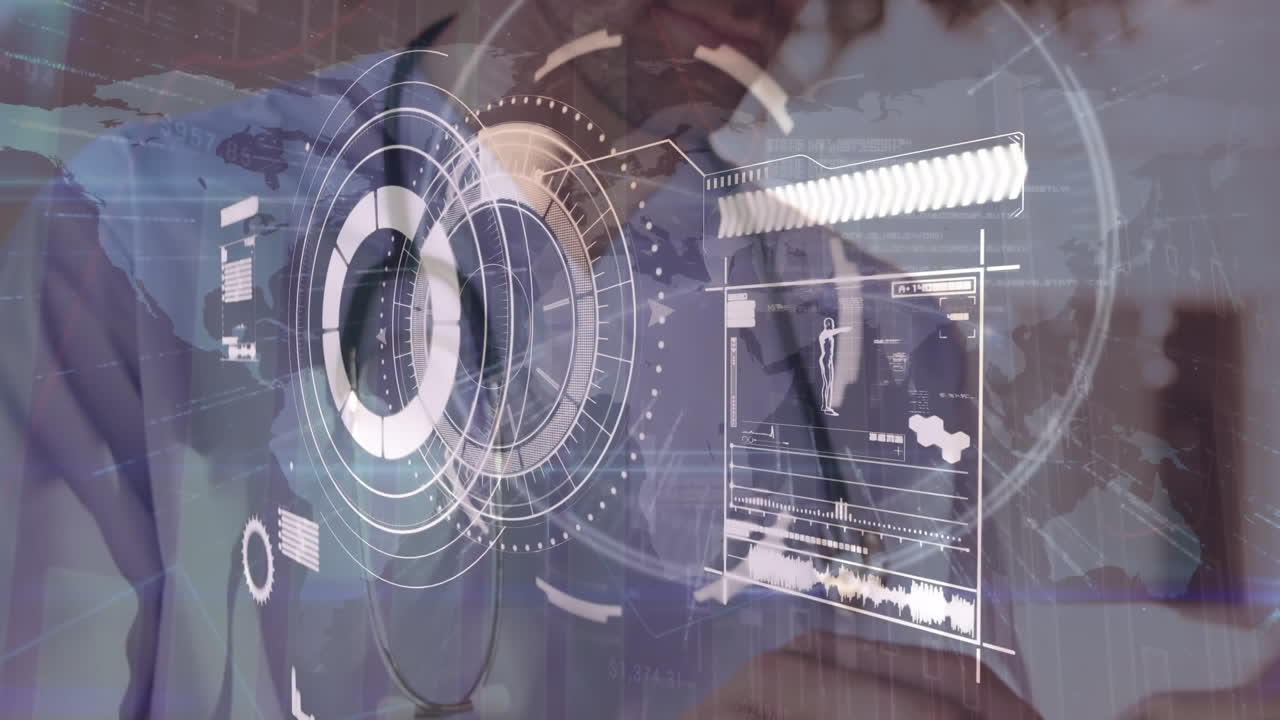 animación del procesamiento de datos sobre un médico caucásico usando una tableta