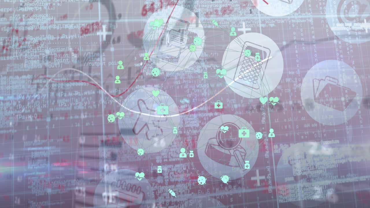 움직이는 그래프와 데이터 및 정보와 함께 떠다니는 기술 아이콘의 애니메이션