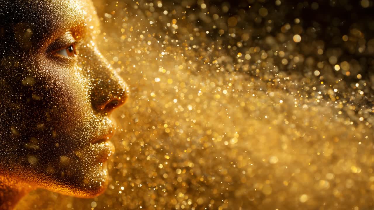 A Captivating Display of Artistry: Woman's Face Enveloped in a Mesmerizing Golden Sparkle, Exuding an Ethereal Glow and Stunning Detail, Set Against a Darkened Background to Highlight the Radiance of the Glittering Particles