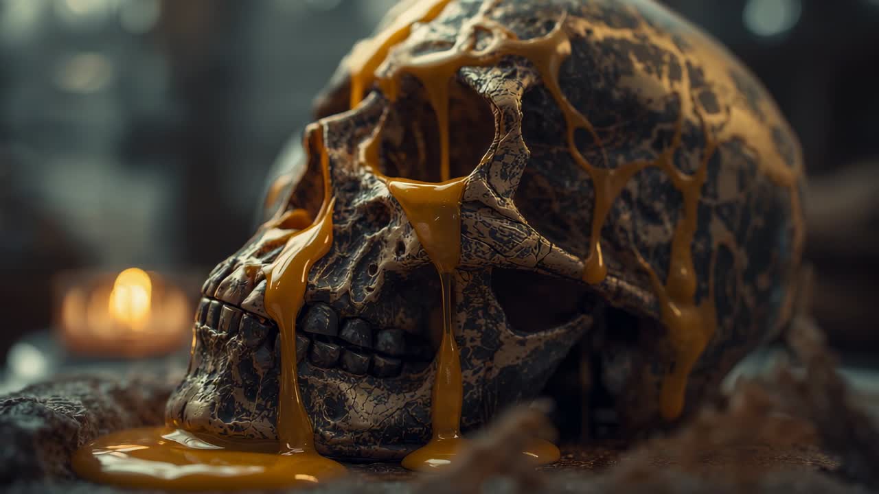 Flickering candle flame melting wax, dripping wax cascading over human skull on wooden tabletop