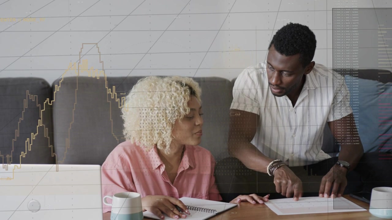 Man pointing paper, woman noting, duo reviewing finances as animated charts appearing during pickup