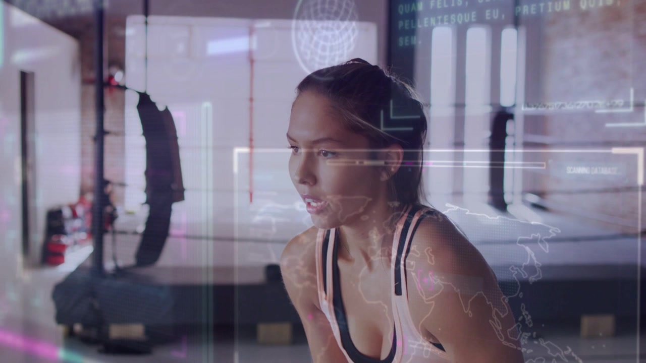 Woman finishing treadmill sprint leaning forward hands on knees, catching breath with fitness HUD